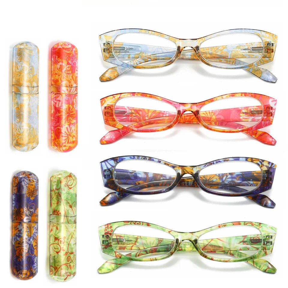4-Piece Presbyopic  Floral Women's Spring Hinge Reading Glasses Set with PC Case