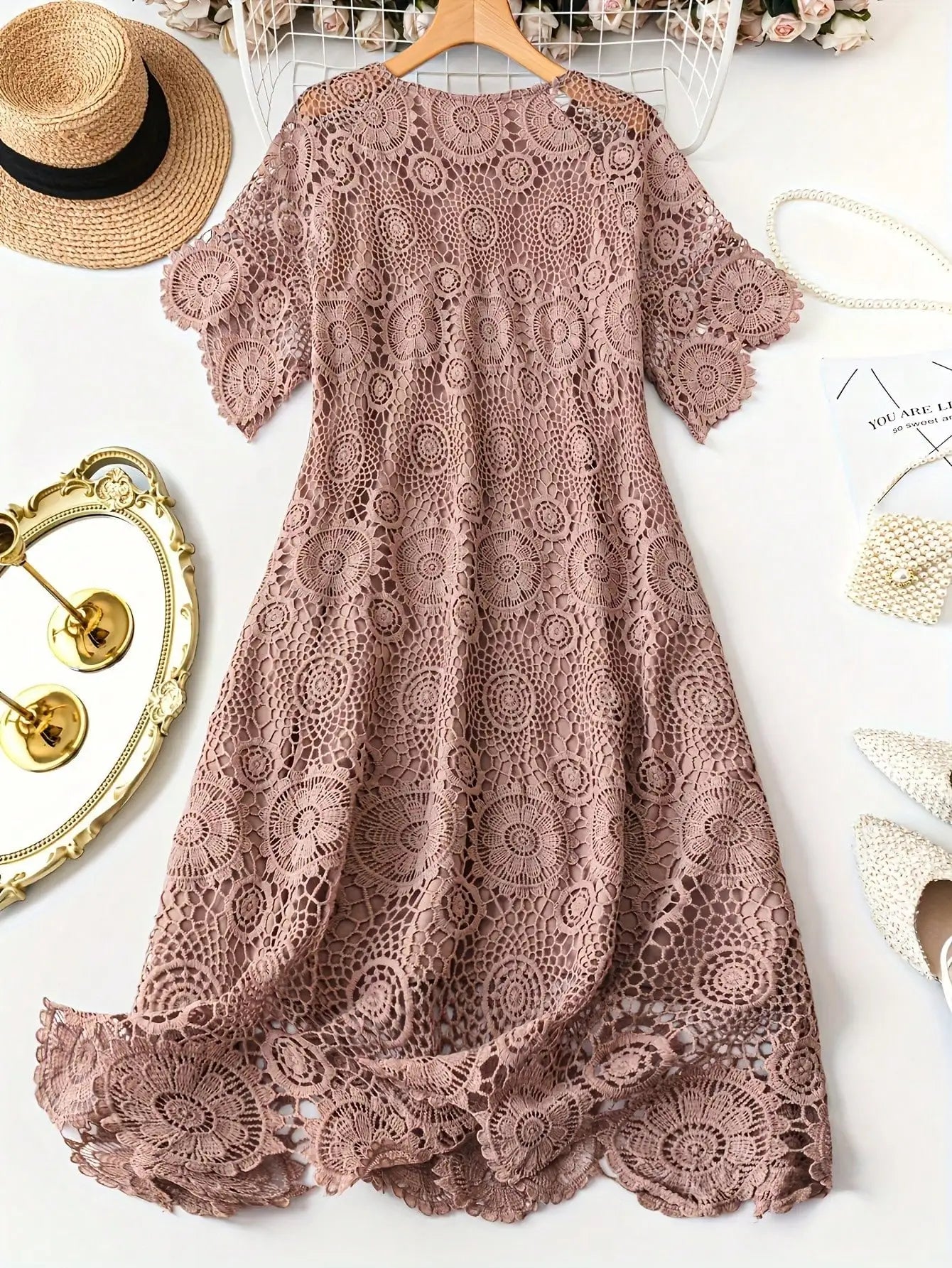 Plus Size  Lace V-Neck A-Line Short Sleeve Scalloped Hem Dress