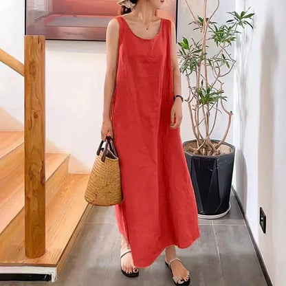Summer cotton linen long sleeveless dress