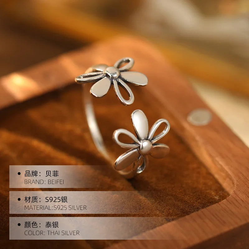 925 Sterling Silver Rings For Women Geometric Fine Jewelry Finger Adjustable Simple Vintage FLower Ring For Party Birthday Gift