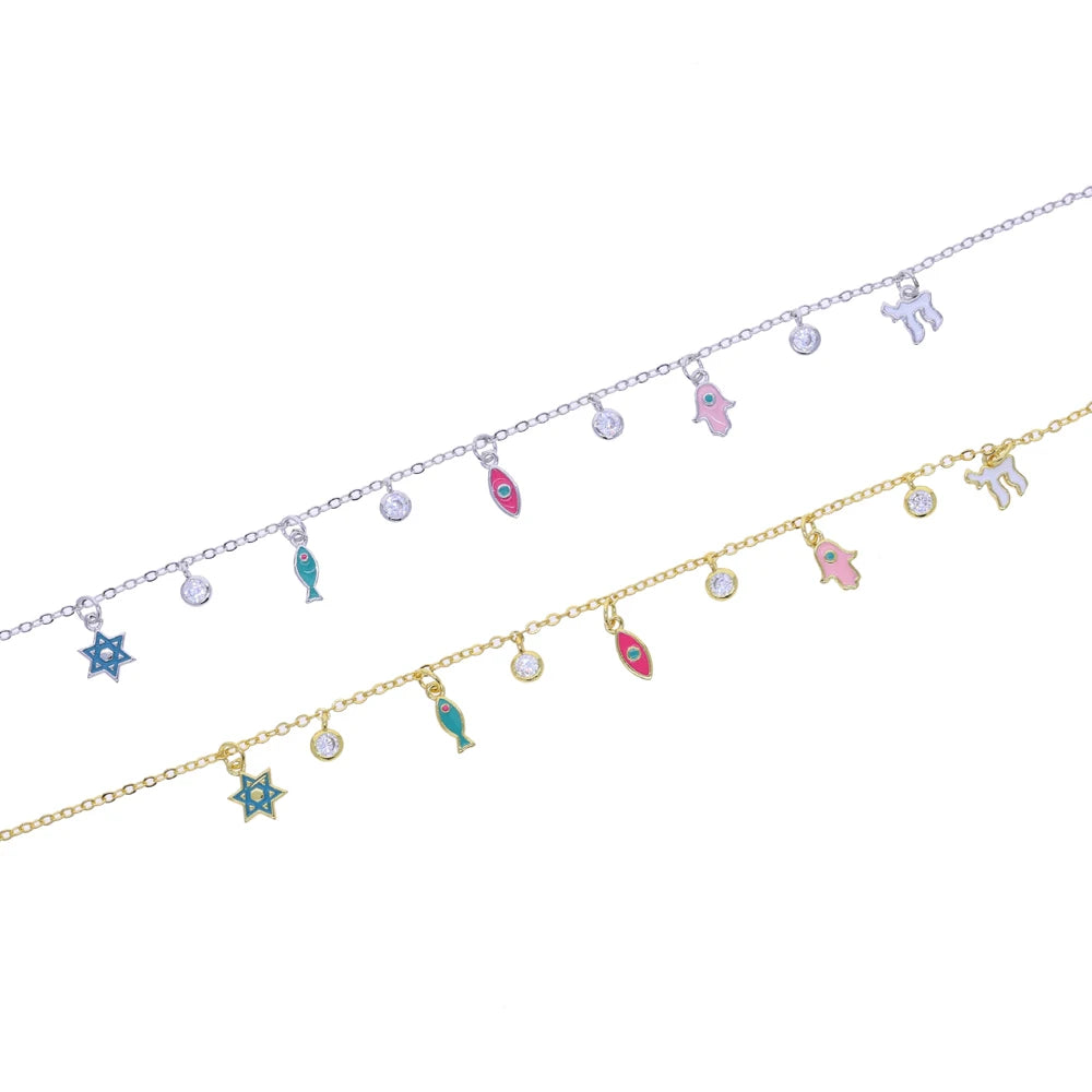 Silver and Gold Enamel Judaica Charm Necklace
