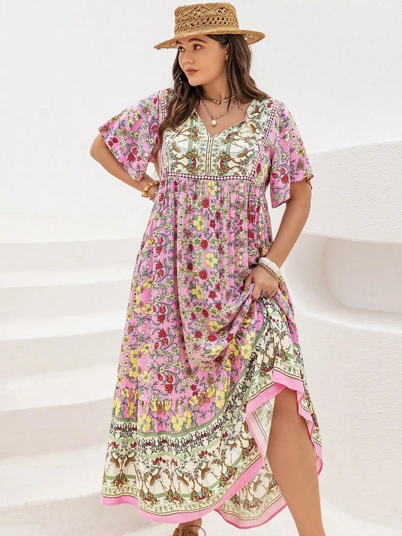Plus Size Boho Floral V-Neck Maxi Dress