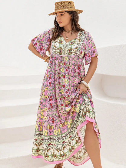 Plus Size Boho Floral V-Neck Maxi Dress