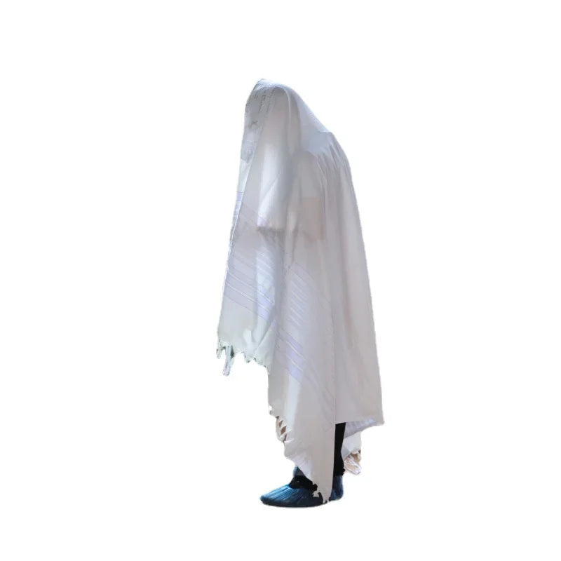 140x190cm Jewish Tallit Prayer Shawl Blessing on Neckband  with White Silver Stripes