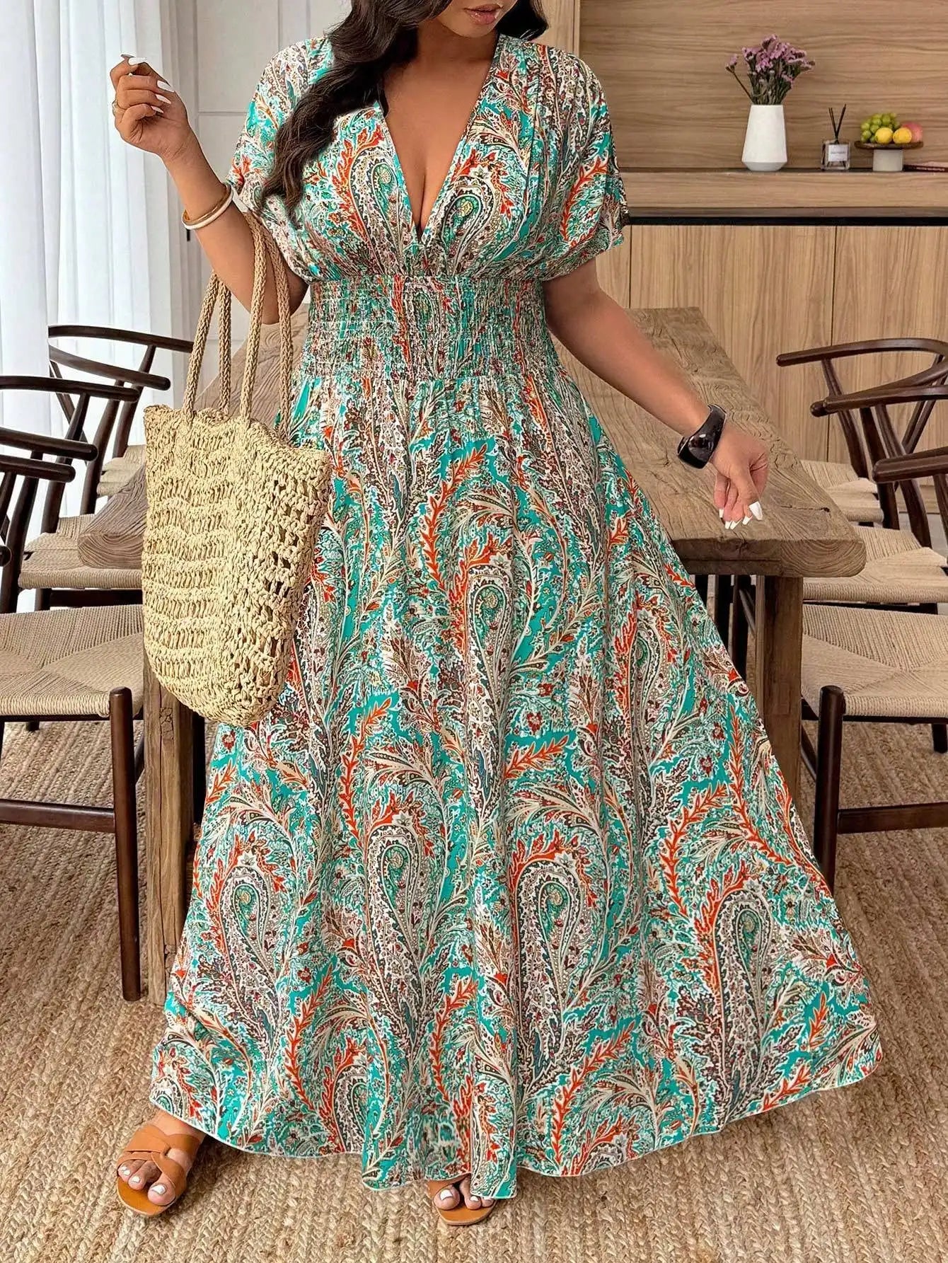 Plus Size Paisley Floral Print Deep Shirred Waist  Maxi Dress