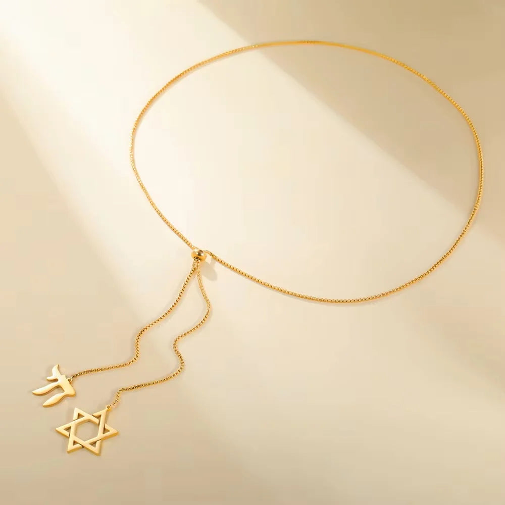 Long Stainless Steel Star of David and Chai Necklace