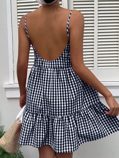 Plus Size Pink Gingham Cami  Spaghetti Strap Ruffle Hem  Sundress