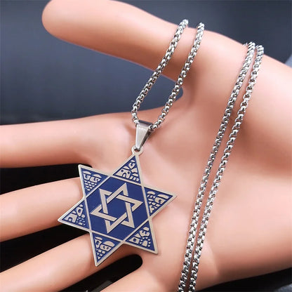 Judaica Blue Color Stainless Steel Star of David Shield Necklaces