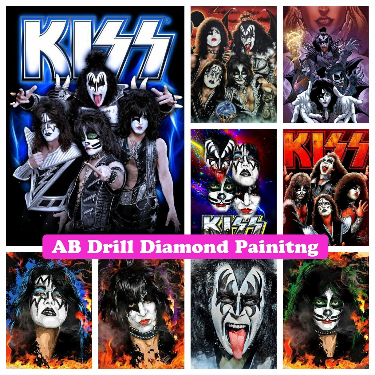 5D DIY AB Drills Diamond Painting Heavy Metal Rock Kiss Band Cross Stitch Kit