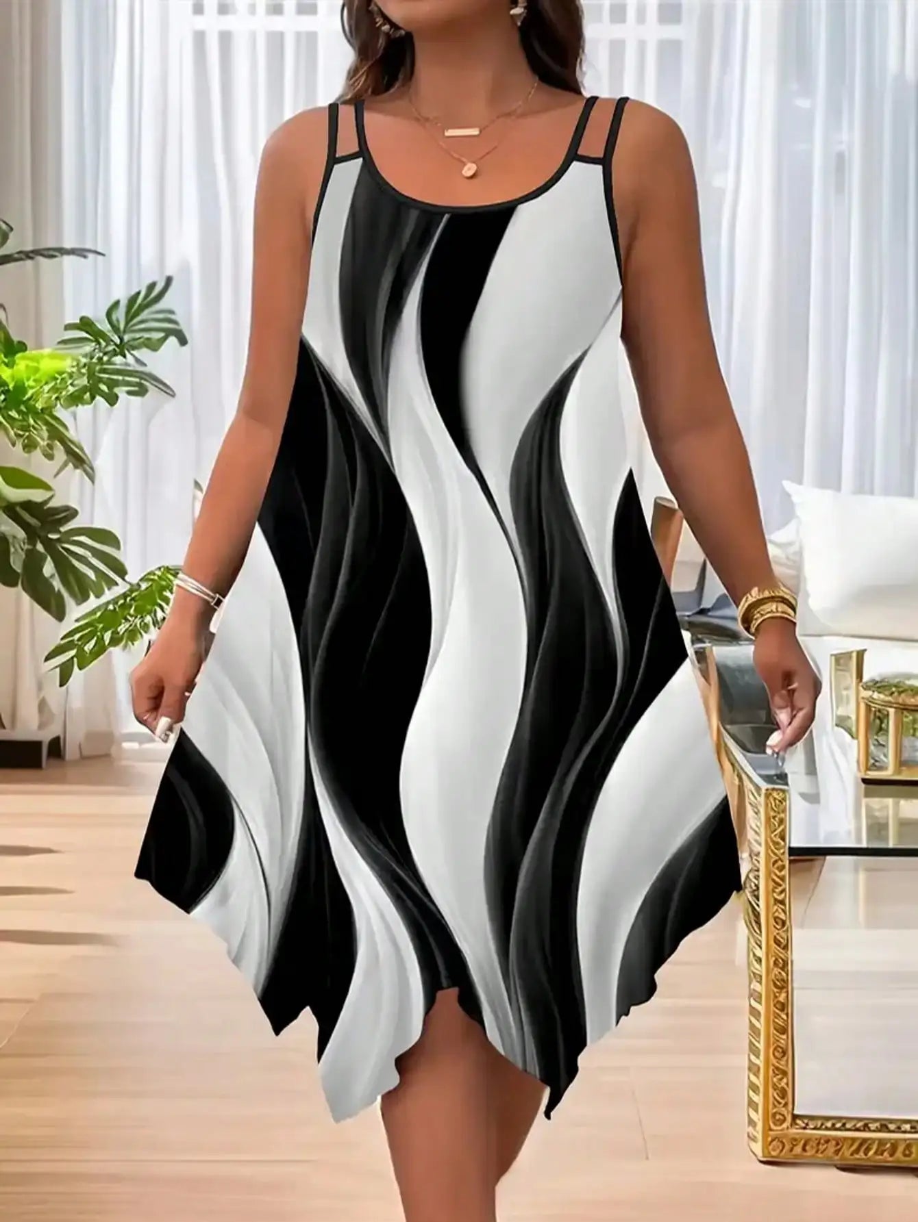 Plus Size Sleeveless Striped Print Asymmetric Hem Dress