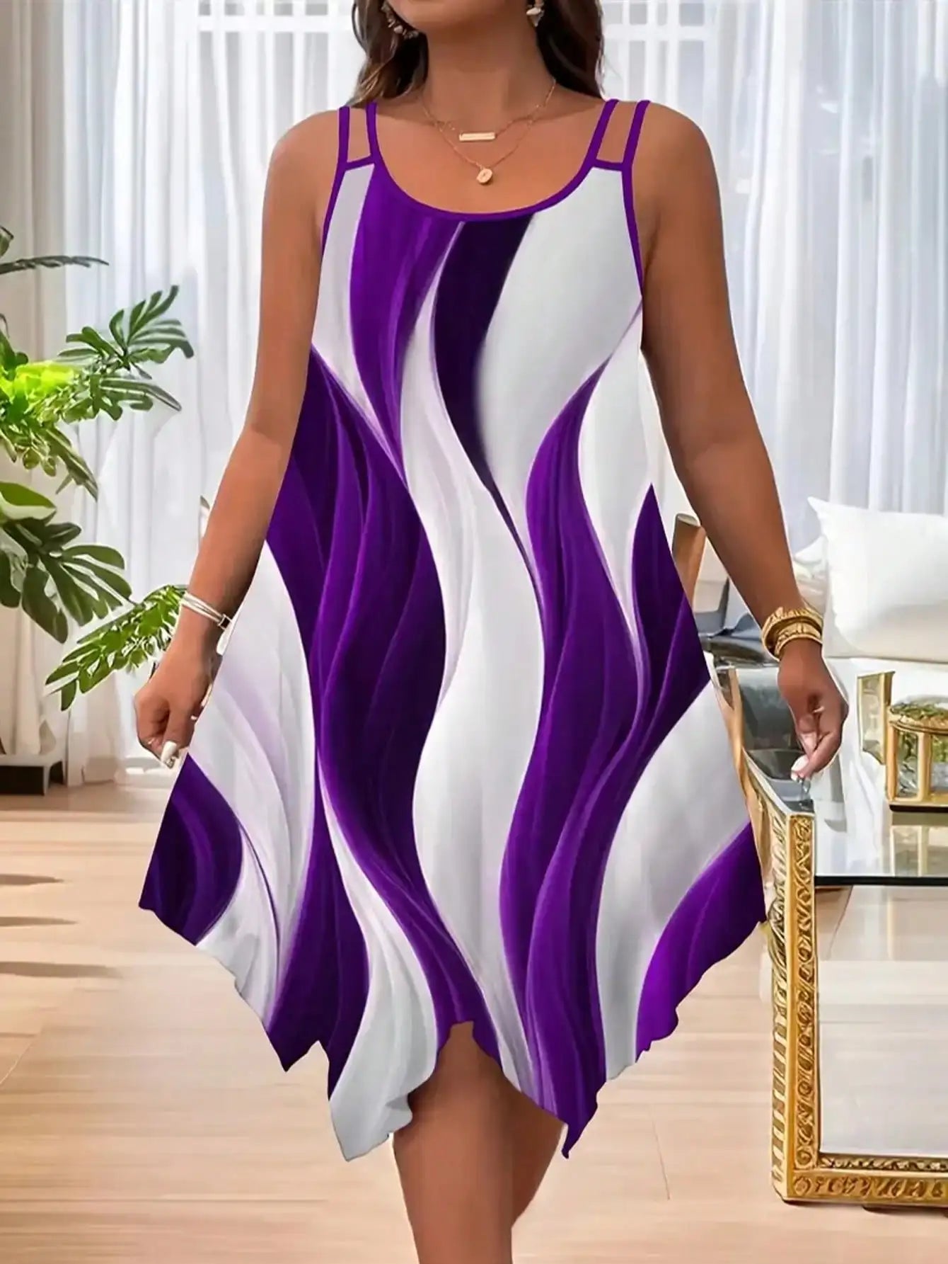 Plus Size Sleeveless Striped Print Asymmetric Hem Dress