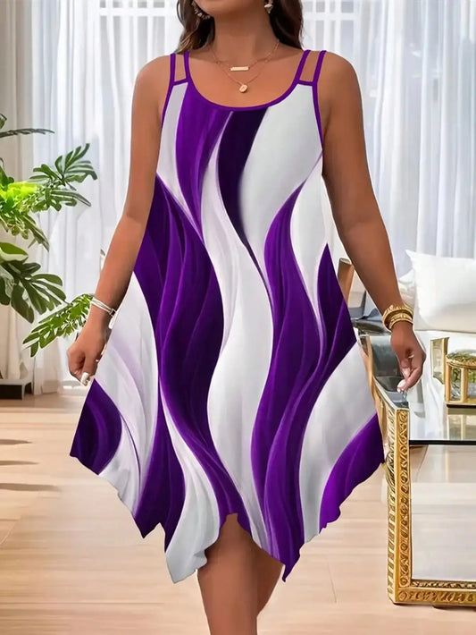 Plus Size Sleeveless Striped Print Asymmetric Hem Dress