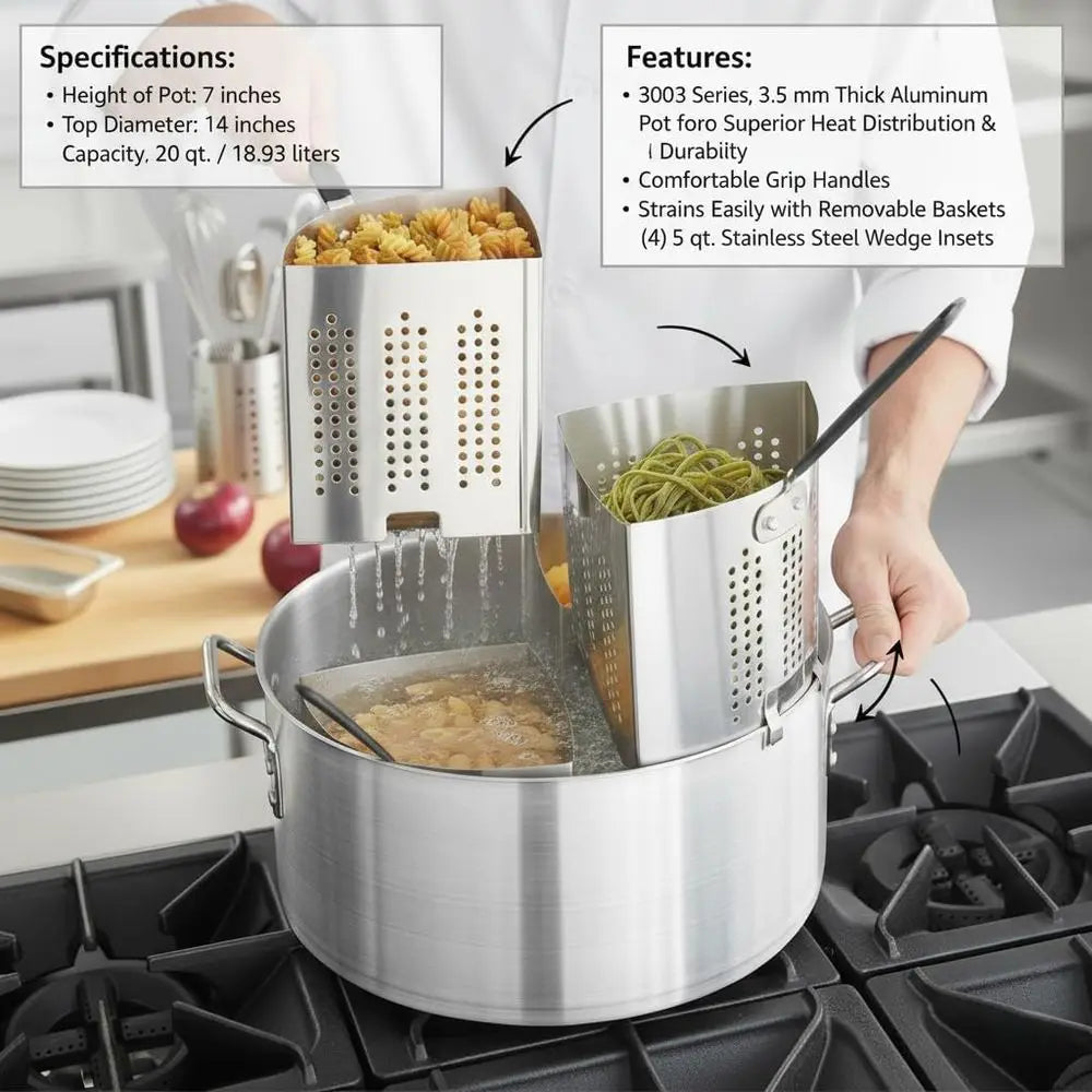 14-inch 20 Qt. Pasta Cooker Set with 5 Qt. Stainless Steel Strainer Baskets for Multi-Serve Cooking