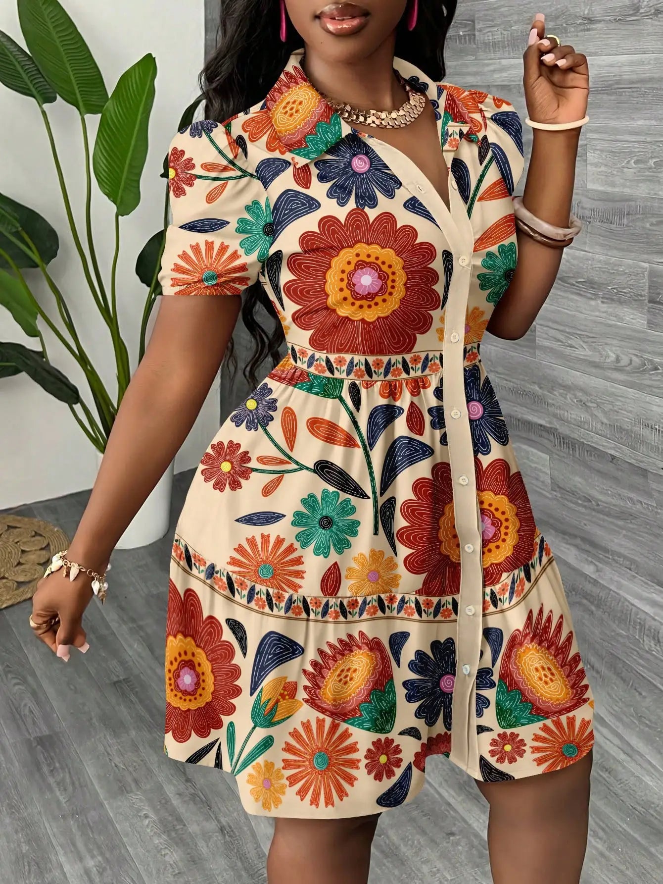Women's Floral Print Puff Sleeve A-Line Mini Dress  Boho Summer Dress