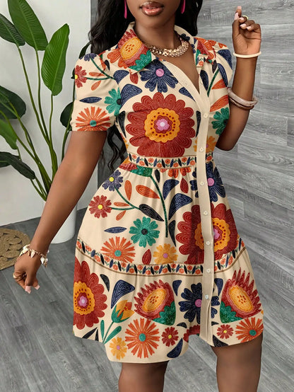 Women's Floral Print Puff Sleeve A-Line Mini Dress  Boho Summer Dress
