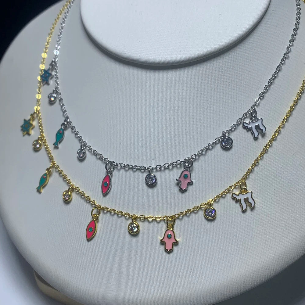 Silver and Gold Enamel Judaica Charm Necklace