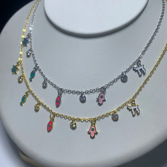 Silver and Gold Enamel Judaica Charm Necklace