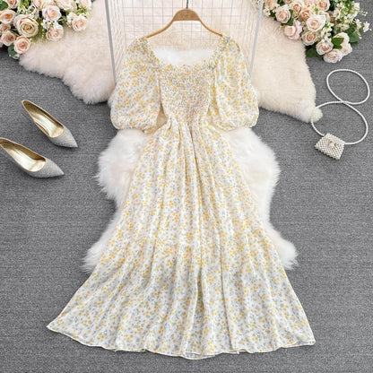 Floral Chiffon High Waist A-Line Square NeckLine Dress