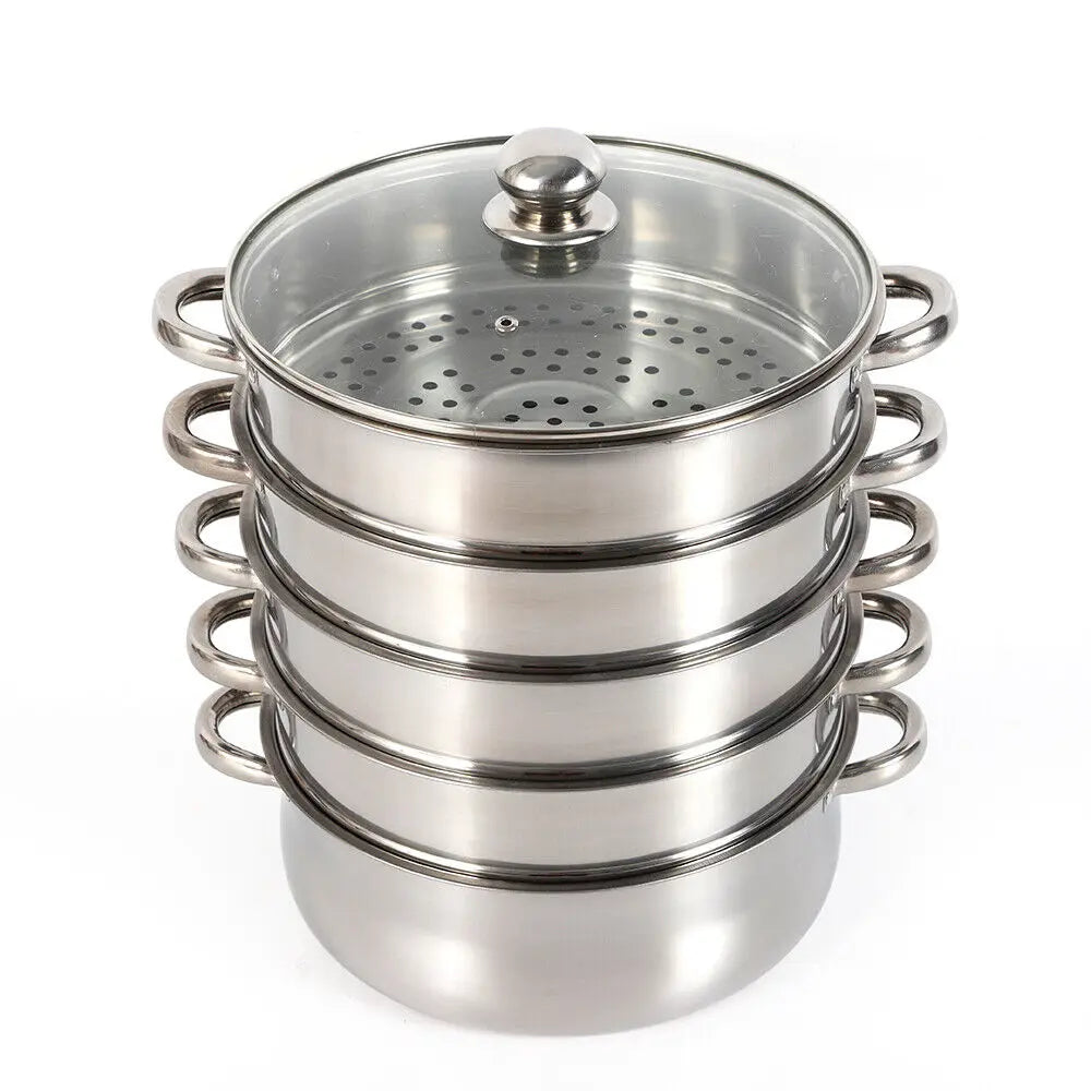 5 Layer Stainless Steel Steamer Set with Glass Lid
