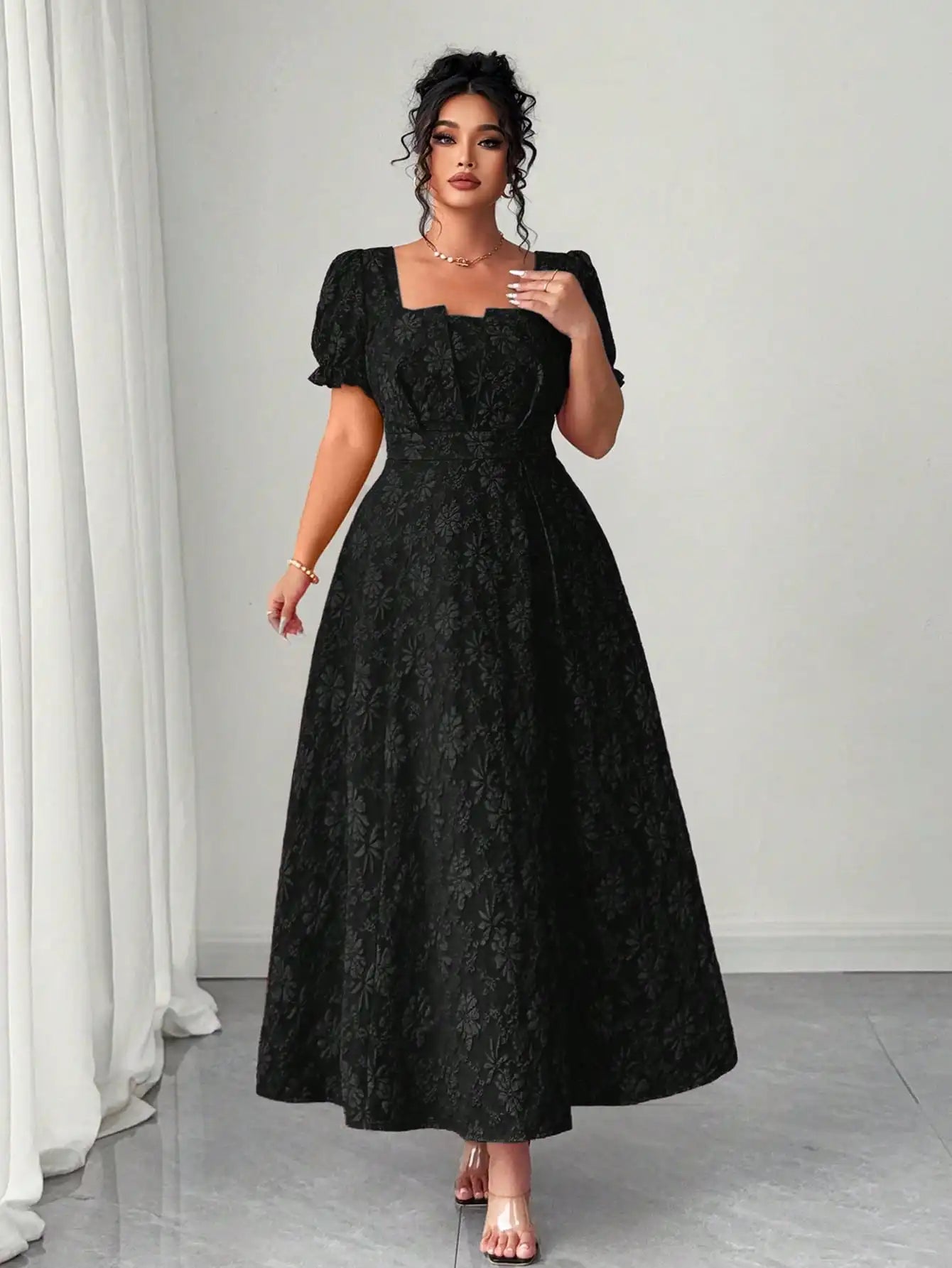 Mint Green Plus Size Floral Jacquard Maxi Dress Square Neckline, Puffed Sleeves, And Defined Waist