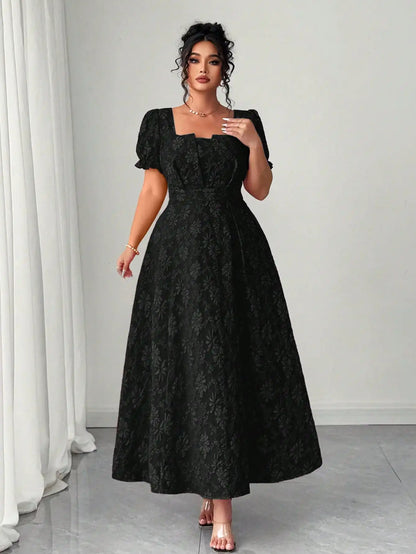 Mint Green Plus Size Floral Jacquard Maxi Dress Square Neckline, Puffed Sleeves, And Defined Waist