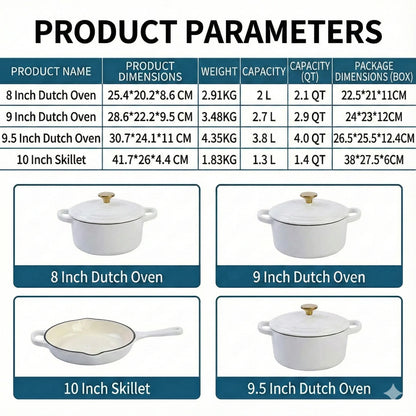 Enameled Cast Iron Cookware Set 4-Piece, 3 Round Dutch Ovens & 1 Skillet: 8 Inch (2Qt), 9 Inch (3Qt), 9.5 Inch (4Qt) & 10 Inch  Pan