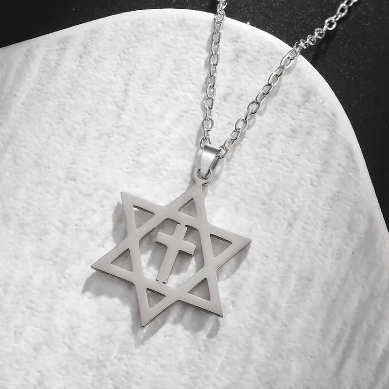 Stainless Steel Hamsa Hands of Fatima Hebrew Blessing Star of David Necklace