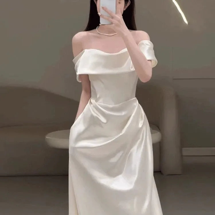 Satin One-Shoulder White Bridal Gown with Veil
