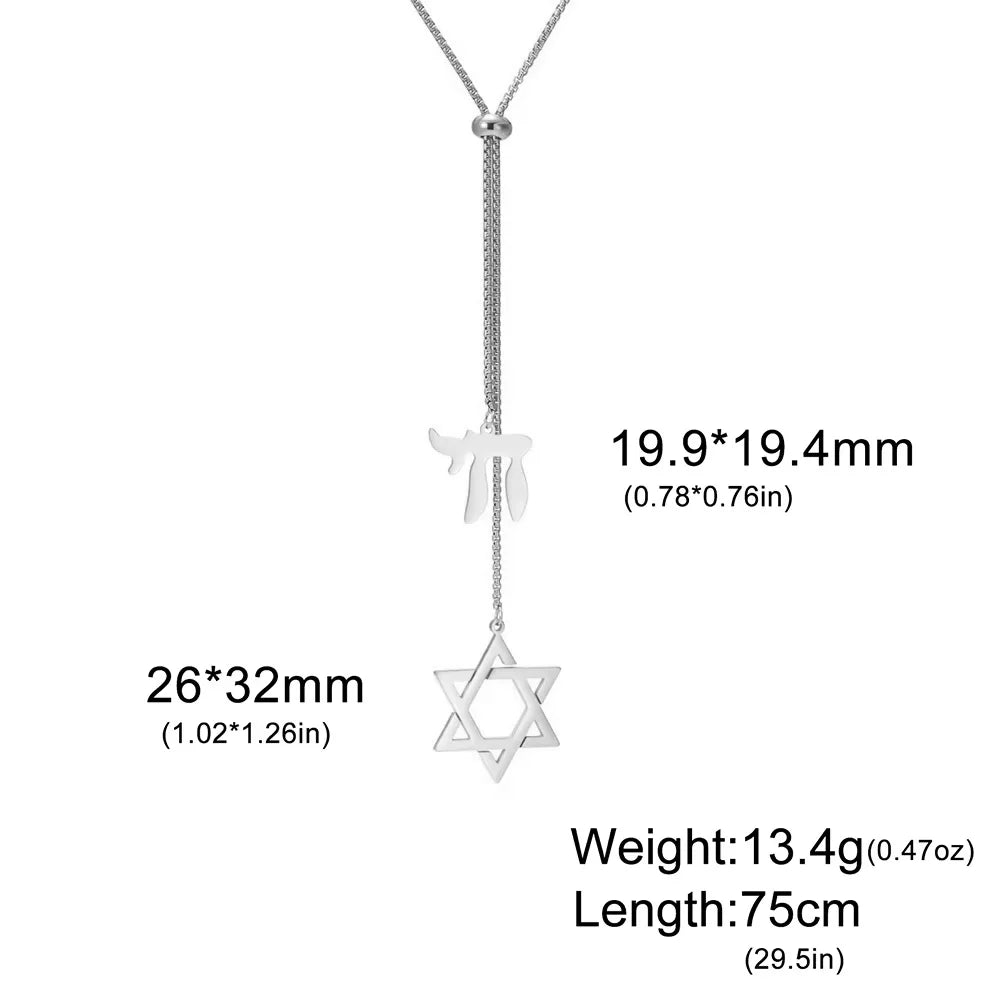 Long Stainless Steel Star of David and Chai Necklace