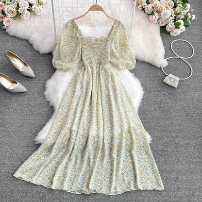Floral Chiffon High Waist A-Line Square NeckLine Dress