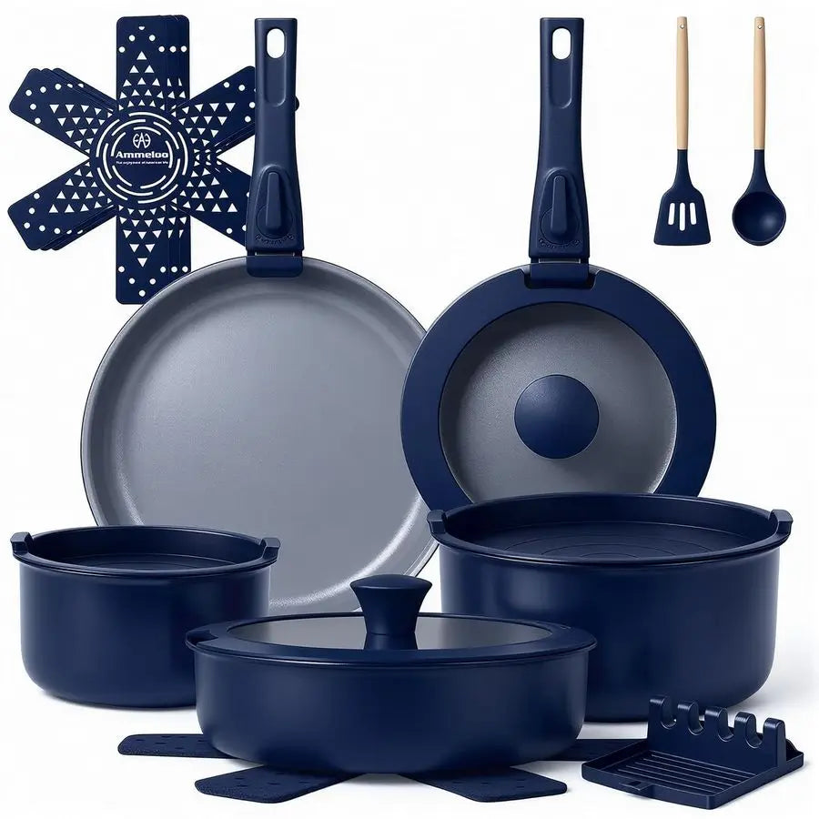 18 Piece Ceramic Pots and Pans  Non Stick, Non Toxic Induction Cookware Set  with Removable Handles