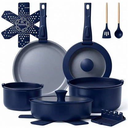 18 Piece Ceramic Pots and Pans  Non Stick, Non Toxic Induction Cookware Set  with Removable Handles