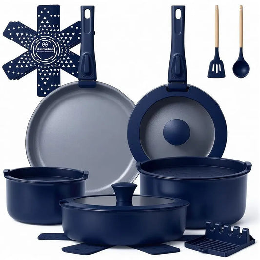 18 Piece Ceramic Pots and Pans  Non Stick, Non Toxic Induction Cookware Set  with Removable Handles