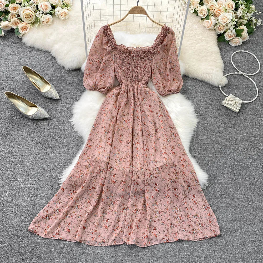 Floral Chiffon High Waist A-Line Square NeckLine Dress