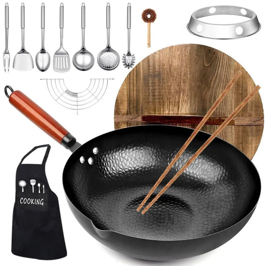 14 Piece Carbon Steel Wok  StirFry Pan Set with Wooden Lid