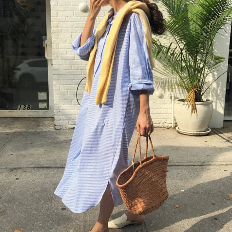 Striped Versatile Lapel Long Sleeved Dress