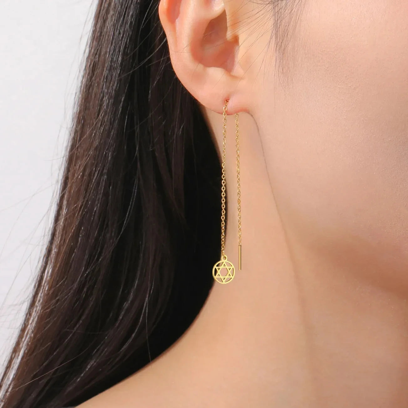 Star of David Pendant Long Tassel Stainless Steel Gold Earring