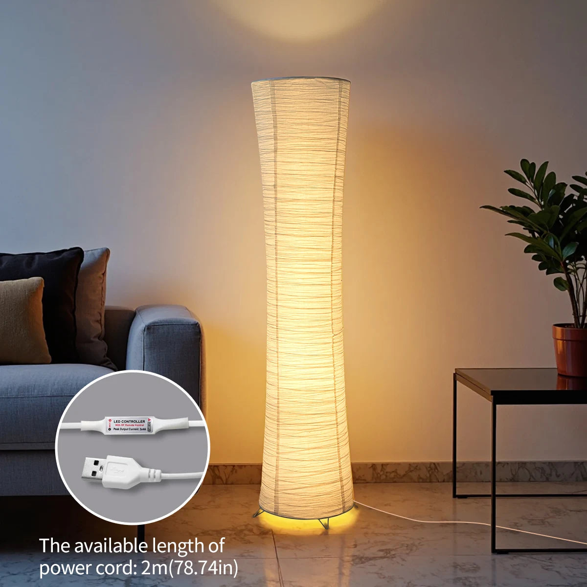 Remote paper and chrome-plated standing lamp with LED light strip