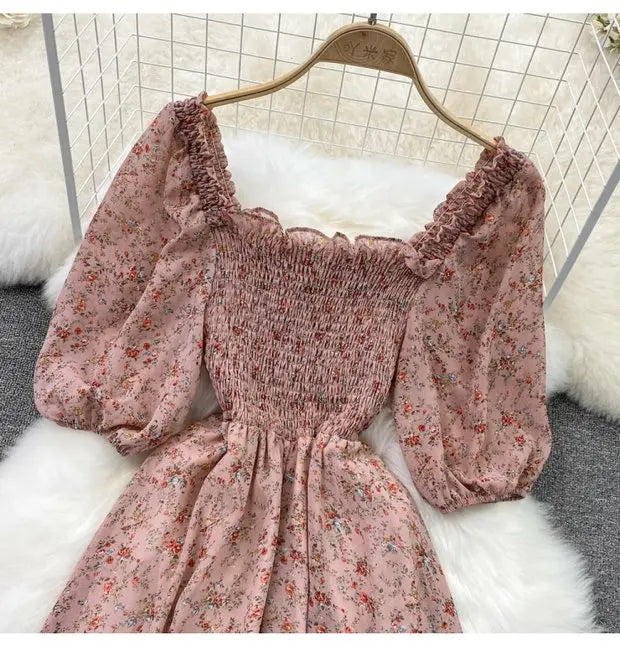 Floral Chiffon High Waist A-Line Square NeckLine Dress