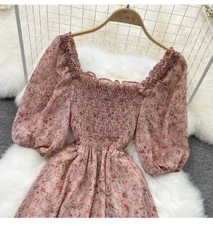 Floral Chiffon High Waist A-Line Square NeckLine Dress