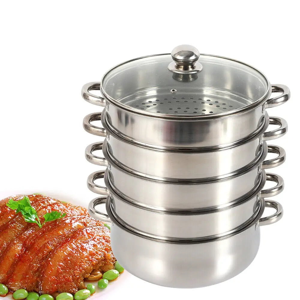 5 Layer Stainless Steel Steamer Set with Glass Lid