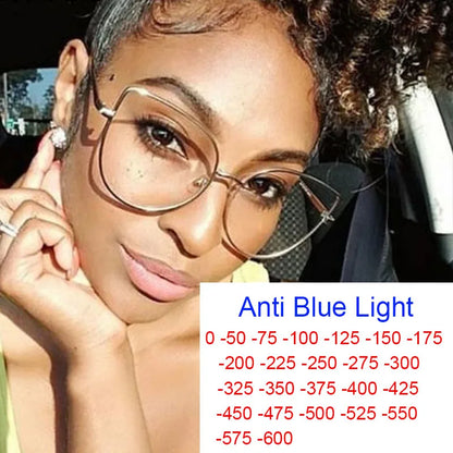Retro Anti-Blue Radiation Myopia Glass Metal Oversized Cat Eye Frame Glasses Diopter 0 to -6.0