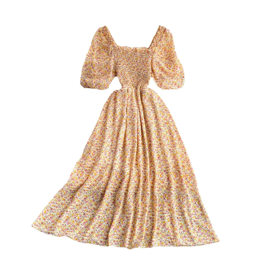 Floral Chiffon High Waist A-Line Square NeckLine Dress