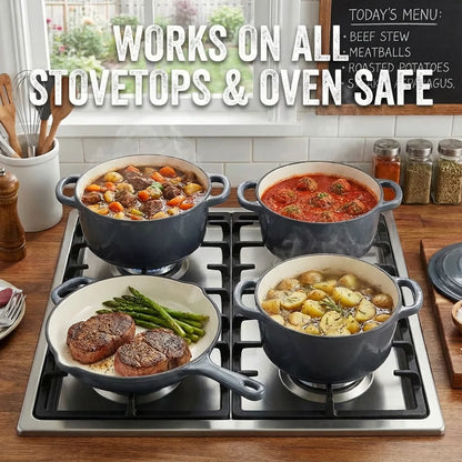 Enameled Cast Iron Cookware Set 4-Piece, 3 Round Dutch Ovens & 1 Skillet: 8 Inch (2Qt), 9 Inch (3Qt), 9.5 Inch (4Qt) & 10 Inch  Pan