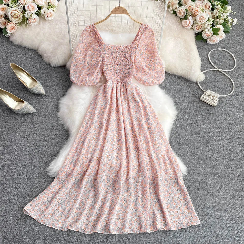 Floral Chiffon High Waist A-Line Square NeckLine Dress