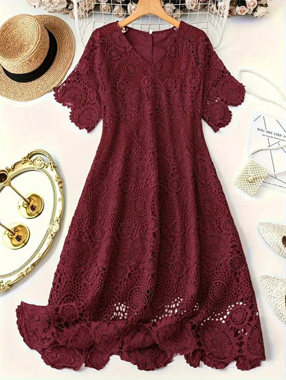 Plus Size  Lace V-Neck A-Line Short Sleeve Scalloped Hem Dress