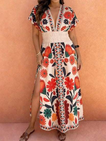 Plus Size Paisley Floral Print Deep Shirred Waist  Maxi Dress