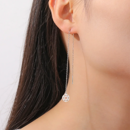 Star of David Pendant Long Tassel Stainless Steel Gold Earring