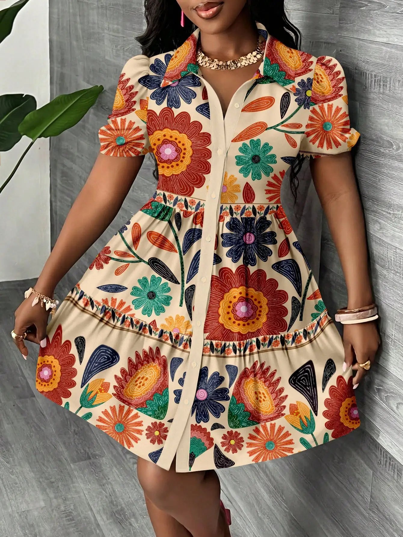 Women's Floral Print Puff Sleeve A-Line Mini Dress  Boho Summer Dress