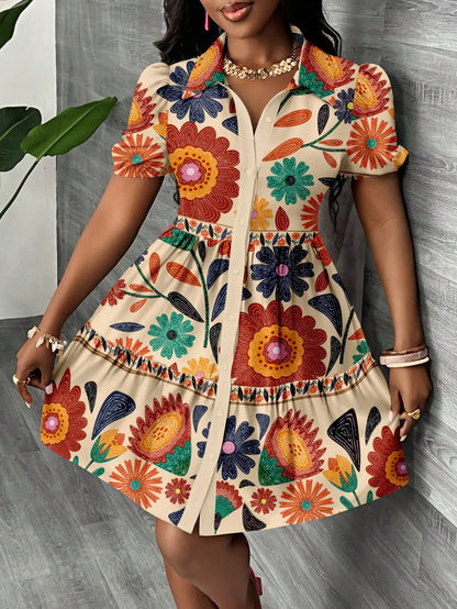 Women's Floral Print Puff Sleeve A-Line Mini Dress  Boho Summer Dress